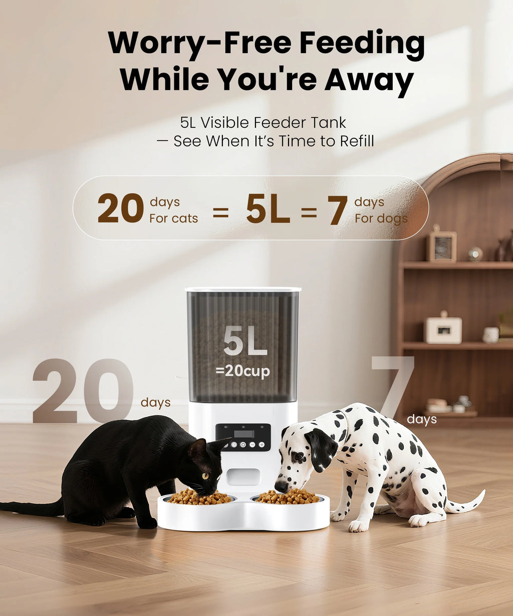 Automatic Cat Feeders for 2 Cats, Timed Auto Feeder Cat Food Dispenser, White, 5L with Double Bowls